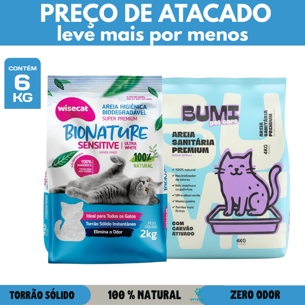 Kit Areia de Gato Biodegradável Wisecat + Bumi Pet Care Carvão Ativado 6kg
