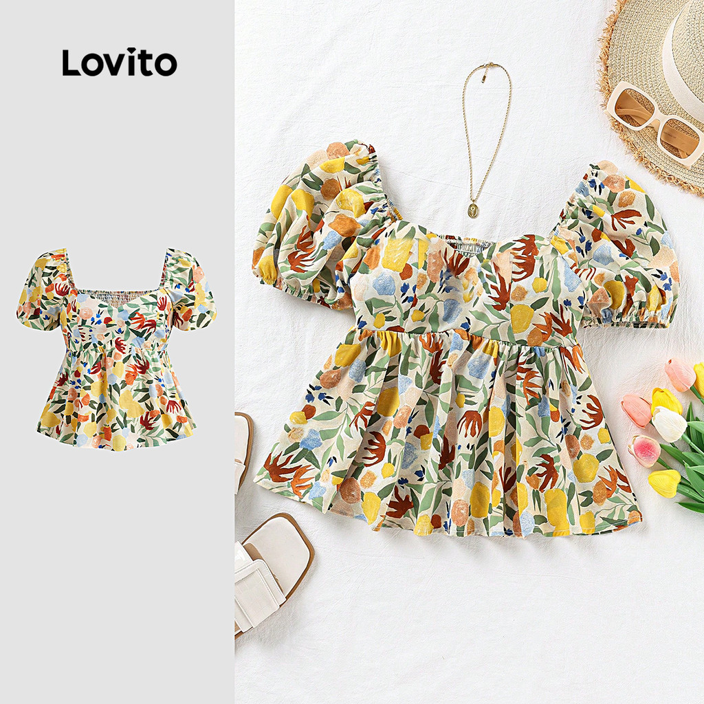 Lovito Blusa Boho Floral Ruffle Hem Blusa Smocked Para Mulheres L123ED124 em Oferta na Shopee