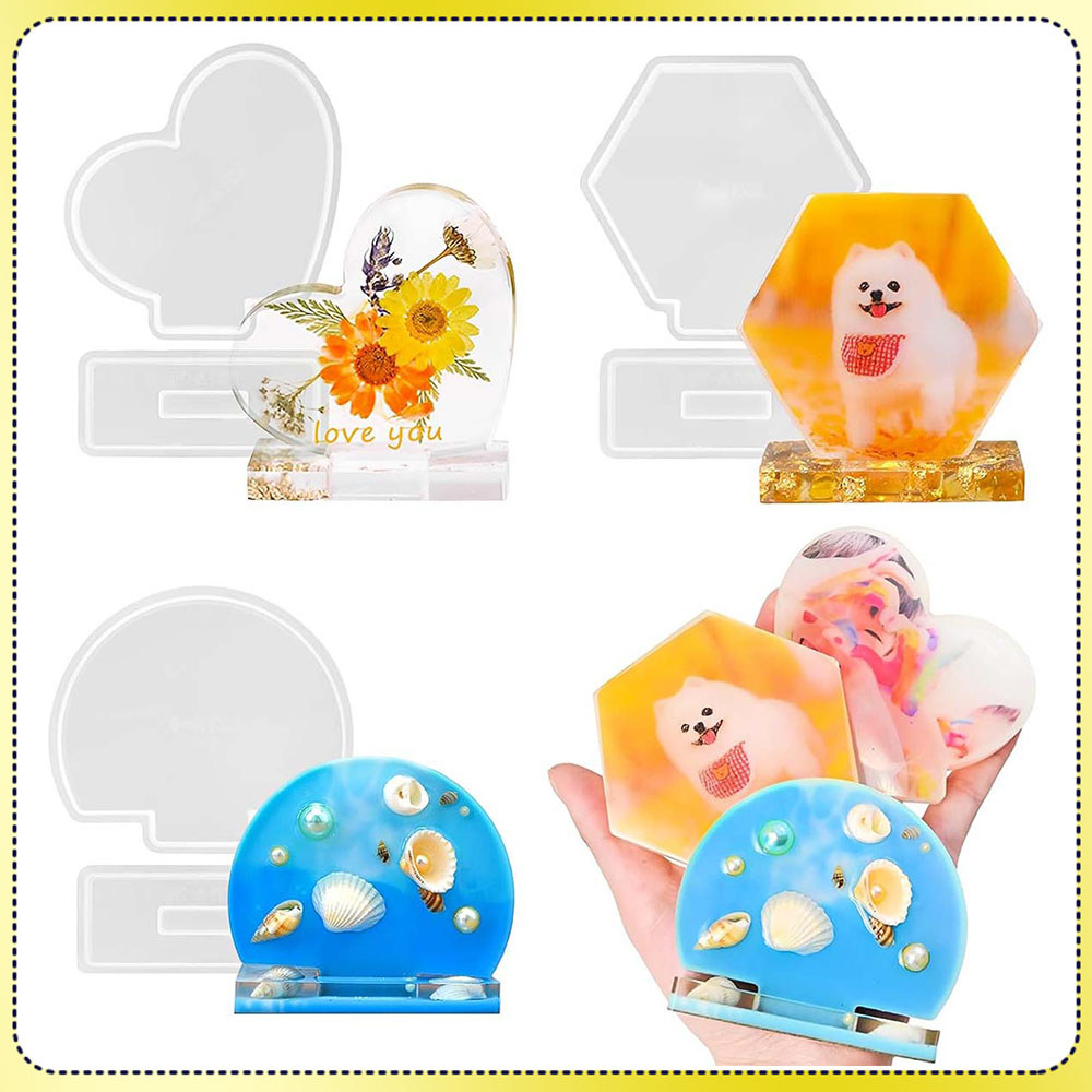 Molde de resina para moldura de foto com base coração/semicírculo/hexágono reutilizável moldura de foto DIY feita à mão
