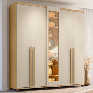 Guarda-Roupa Casal 5 Portas com LED e Vidro Reflecta 3 Gavetas Áustria Cinamomo/Off White em Oferta na Shopee