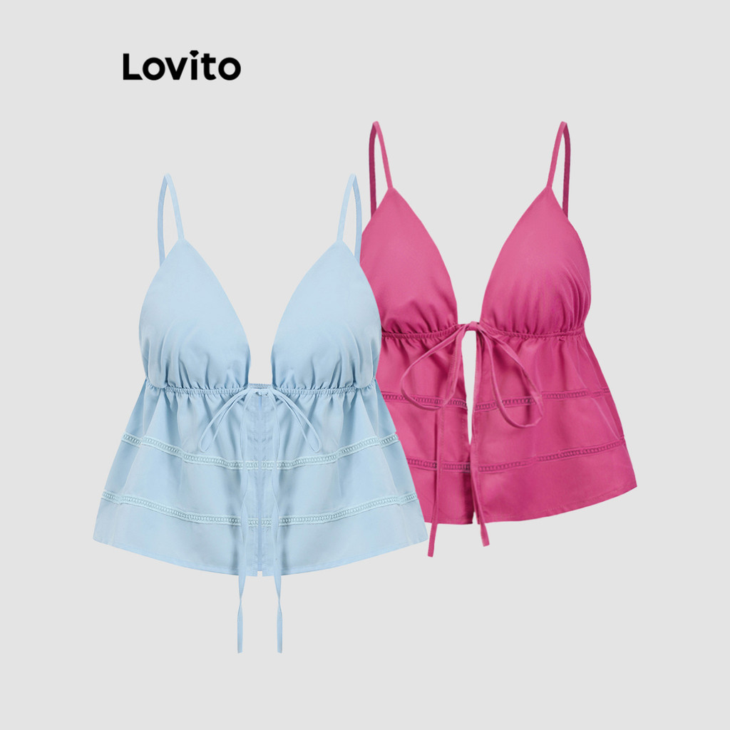 Lovito Regata Casual Com Babados Lisos E Renda Drapeada Regata Para Mulheres L90AD016 (Multicolorido)