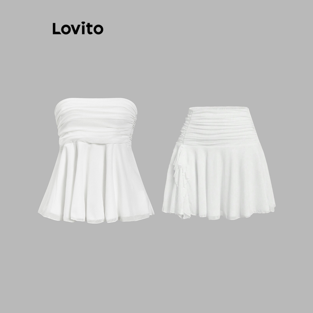 Lovito Saias Casuais Saia Drapeada Lisa Franzida Para Mulheres L101AD104 em Oferta na Shopee