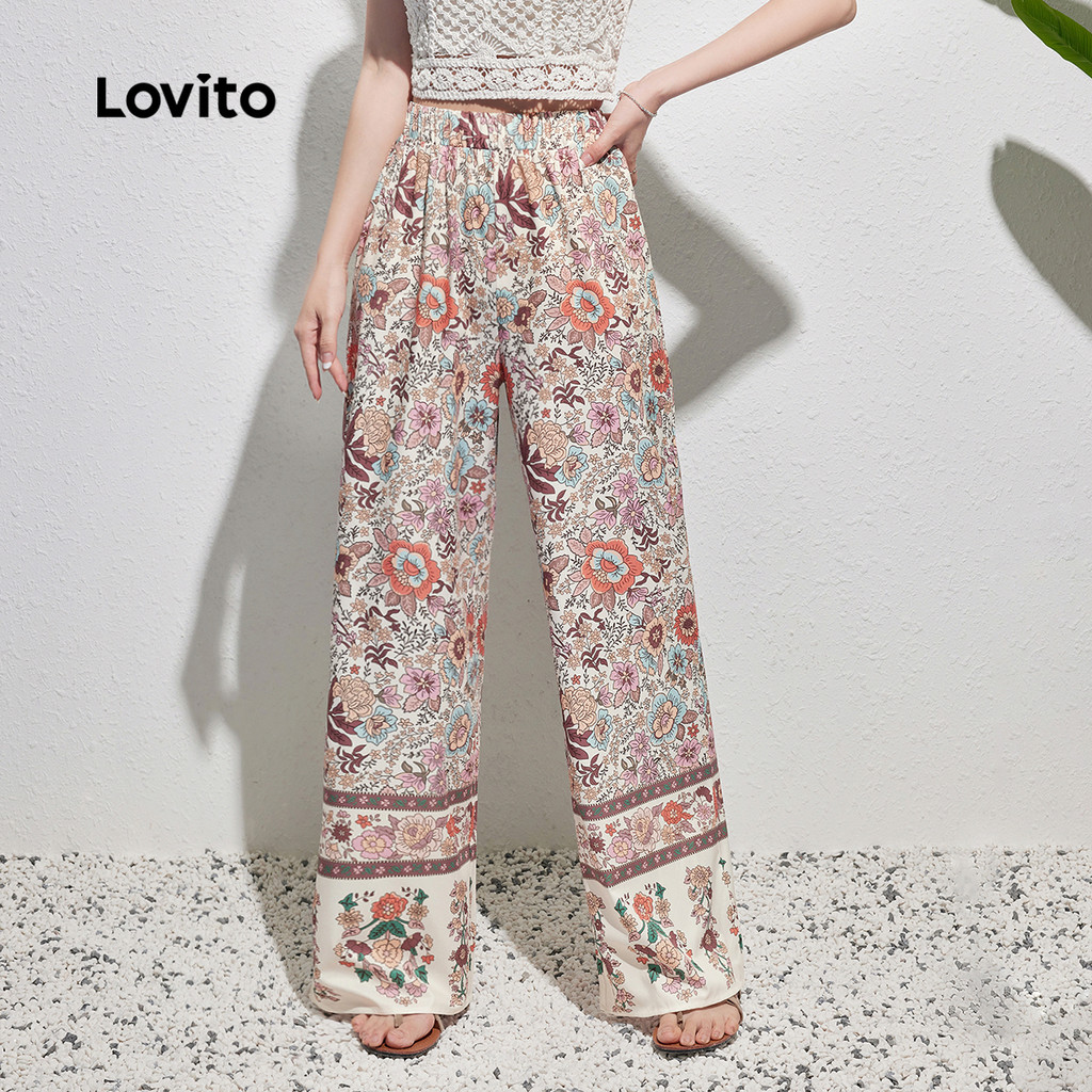 Lovito Calças Boho Estampadas Evasê: Calças Macias e Confortáveis para Todas As Estações para mulheres L137ED297 em Oferta na Shopee
