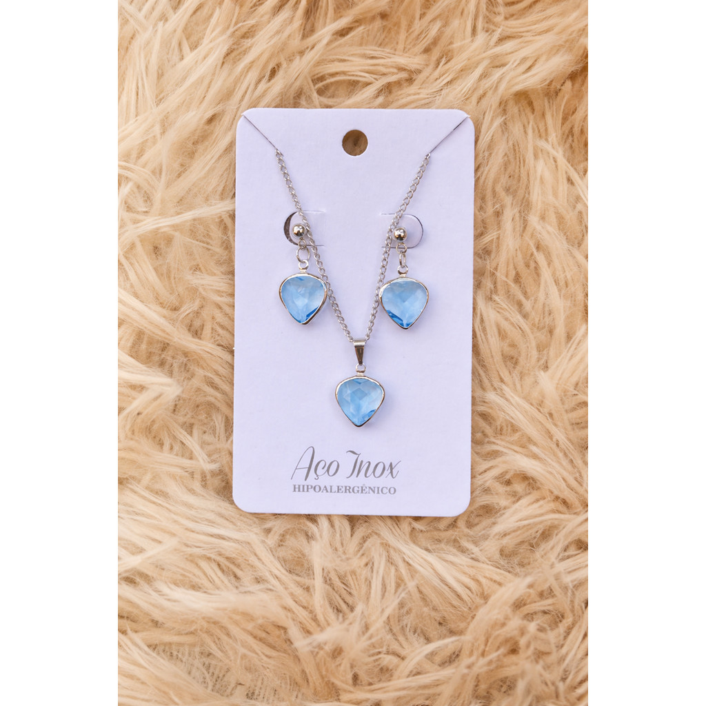 Conjunto Feminino Aço Inox | Colar + Brinco Coração 12mm | Pingente Colorido | Hipoalergênico em Oferta na Shopee