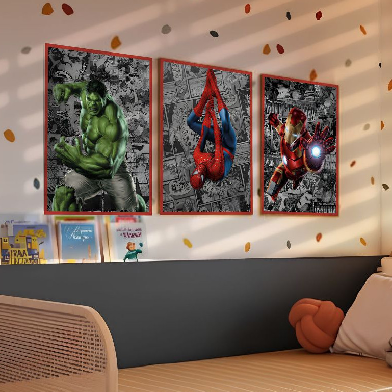 Quadros Decorativos Kit 3 Peças 60x40 8K Homem-Aranha Hulk Homem De Ferro Decorações Salas Quartos