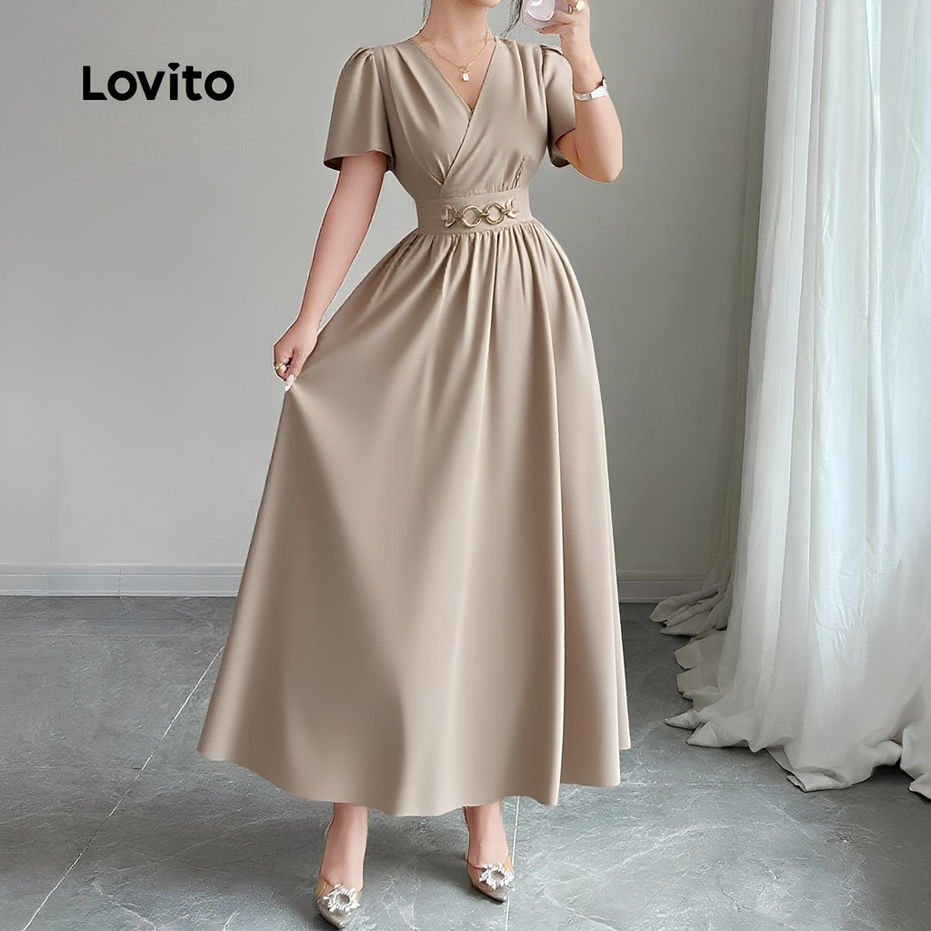 Lovito Vestido Casual Com Zíper Cor Cáqui Para Mulheres Ideal Para a Primavera/verão L152LD050 em Oferta na Shopee