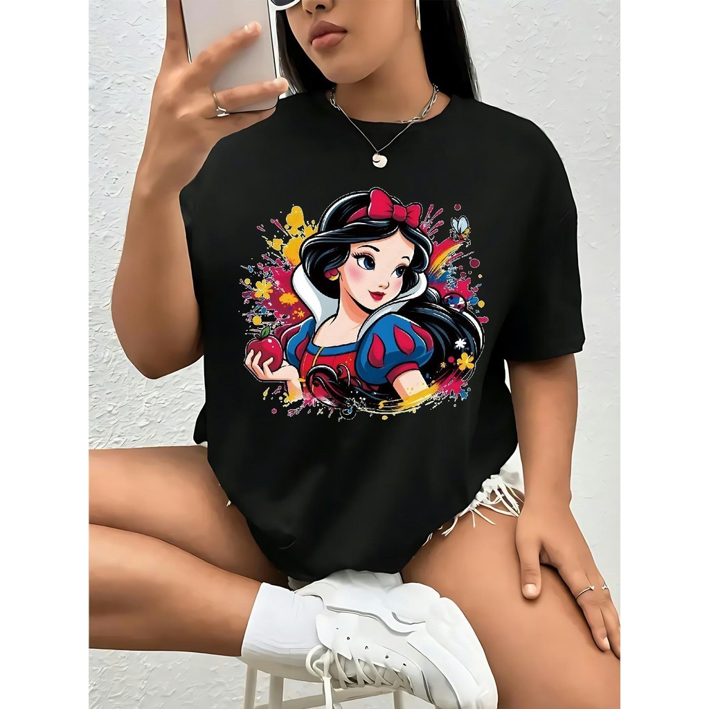 Camiseta De Algodão Casual E Fashion Femininas, Com Estampa Colorida Da Branca De Neve
