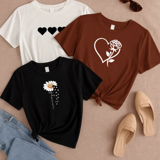 Kit 3 Camisetas Feminina  Estampada Academia Camisa Blusa 100% Algodão Treino Girassol Coração