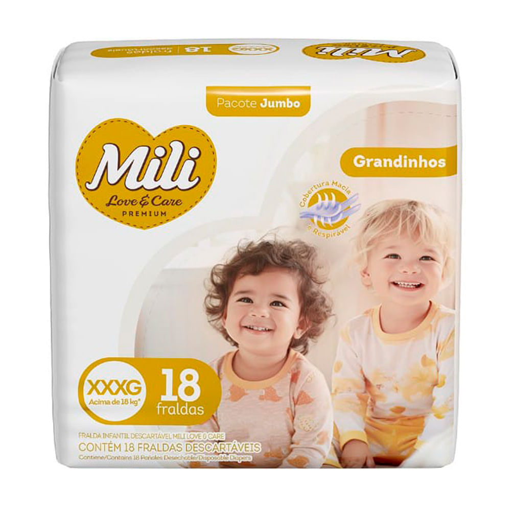 Fralda Mili Love e Care Premium Grandinhos Tamanho XXXG Pacote Jumbo 18 Unidades Descartáveis em Oferta na Shopee