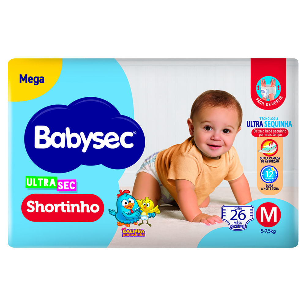 Fralda Babysec Ultrasec Shortinho Mega Tamanho M 26 Unidades Descartáveis em Oferta na Shopee