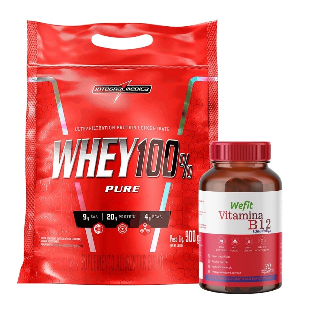 Whey 100% Pure Refil 900g Integralmedica + Vitamina B12 C/30 Cápsulas WeFit em Oferta na Shopee