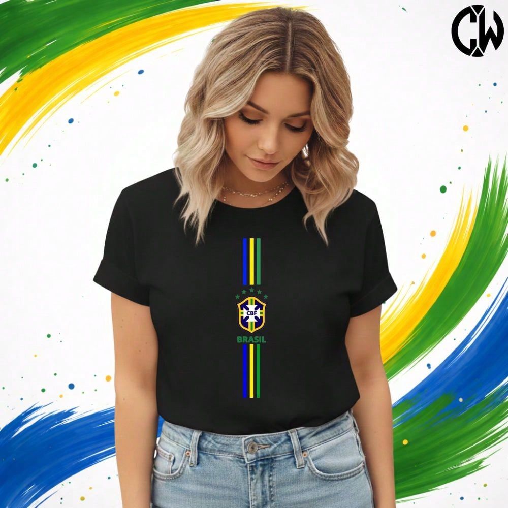 Camiseta T-Shirt Feminina Brasil Copa do Mundo 100% algodão Escudos Lançamento