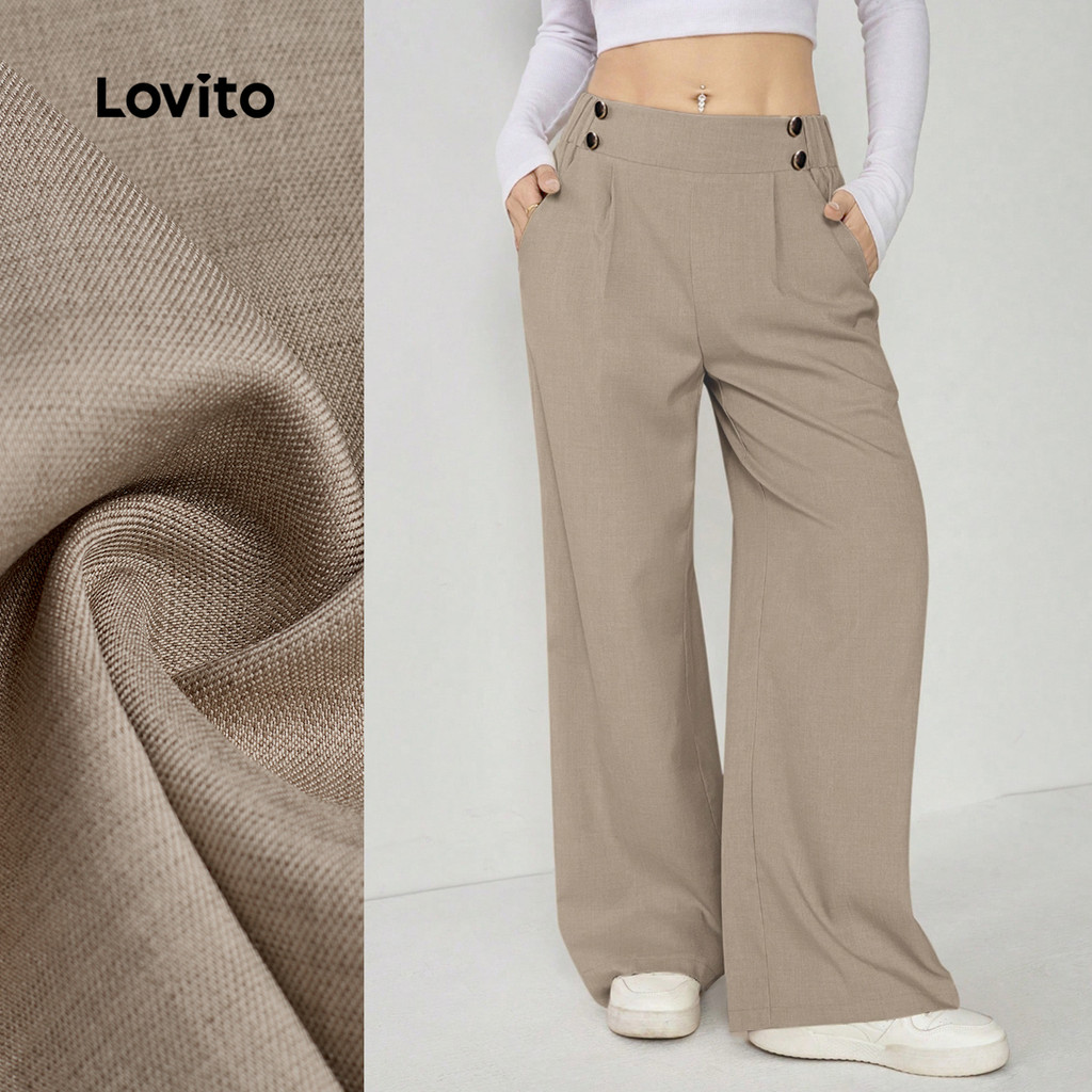 Lovito Calça Casual Feminina Cáqui Com Pregas E Botões Ideal Para Todas As Estações L171AD1149 em Oferta na Shopee