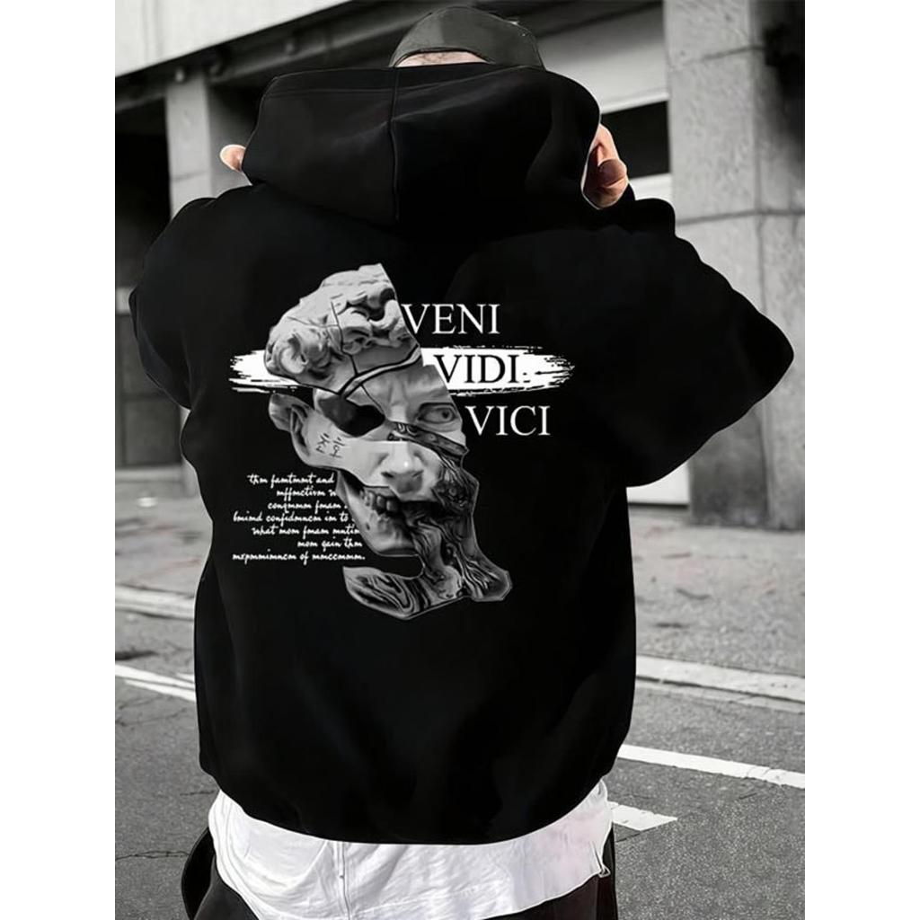 Blusa Casaco Moletom Frio Canguru Bolso Capuz Streetwear Casual Masculino Unissex Estampa Veni Vidi Vici estatua Swag