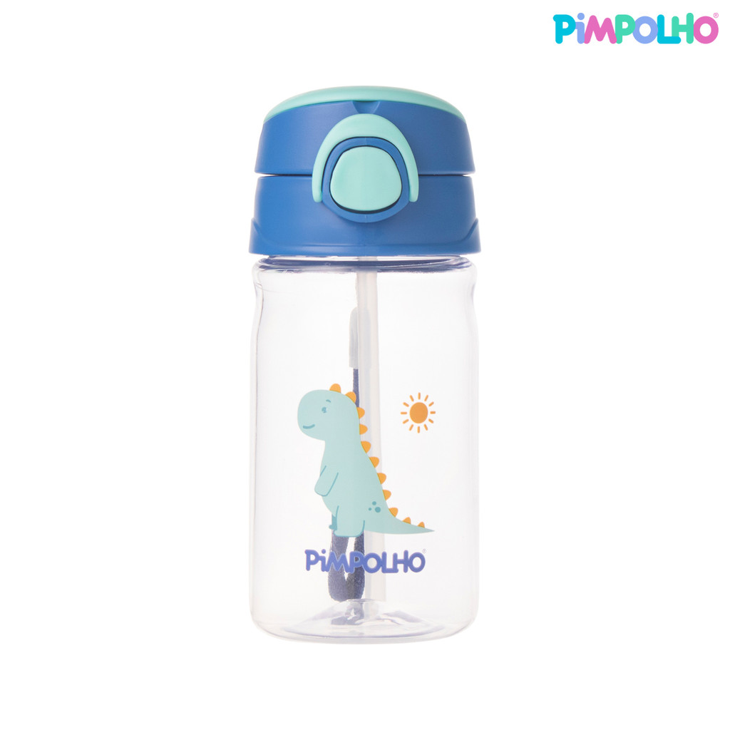 Garrafinha Infantil com Canudo Silicone Pimpolho 370ml com Trava Garrafa Menino Azul Dinossauro Dino