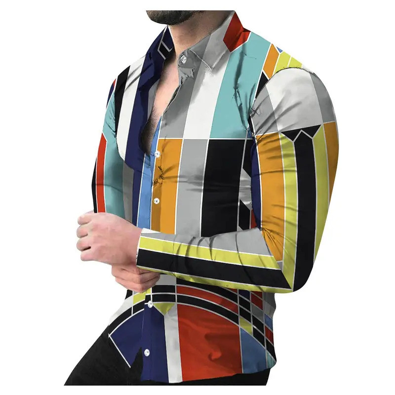 Camisa masculina nova de primavera com estampa 3D xadrez colorida, camisa casual de manga longa, camisa masculina casual