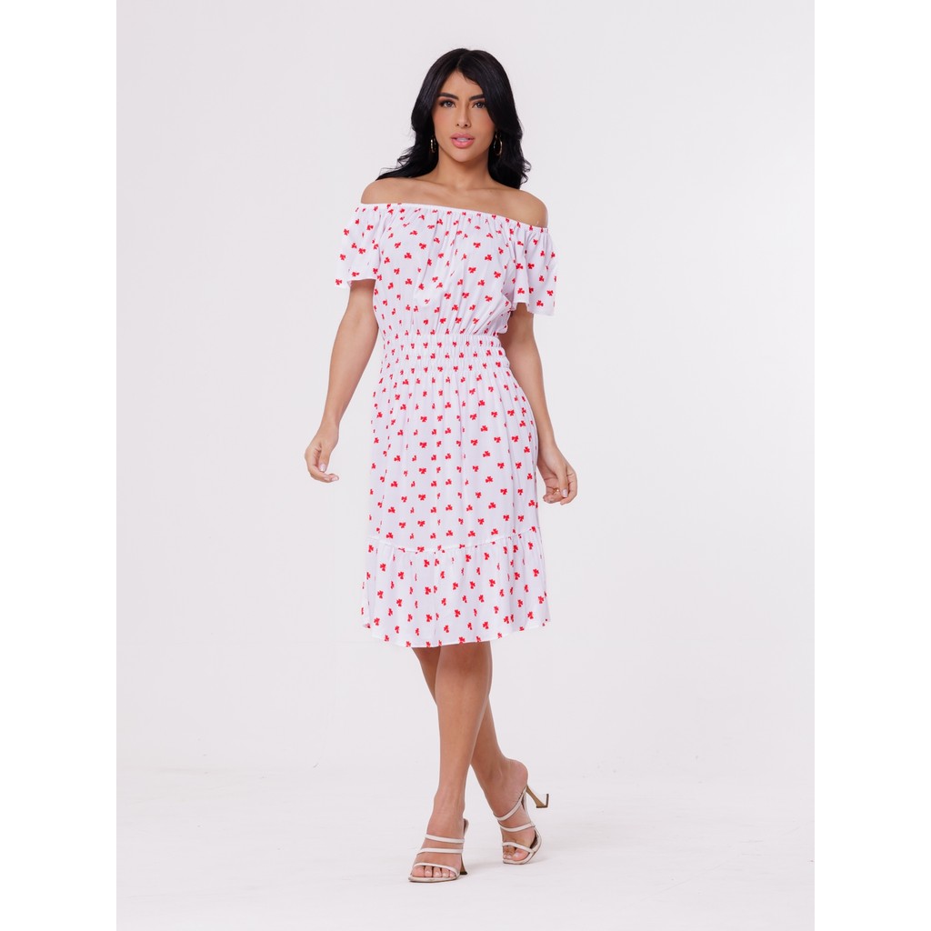 Vestido Curto de Ombro a Ombro Com Elastic na Cintura Estampado