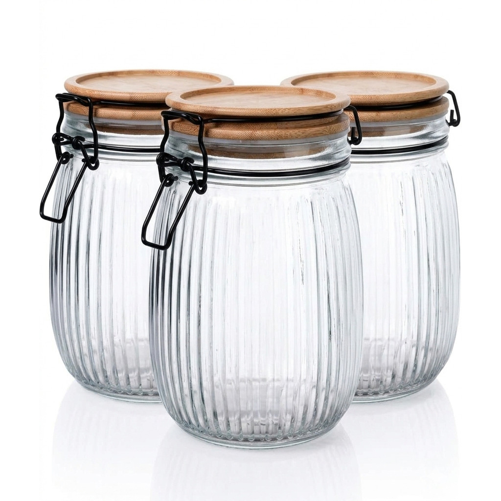 Kit 3 Potes Hermético de Vidro c/ Tampa de Bambu Versalhes 800ml Lehavi