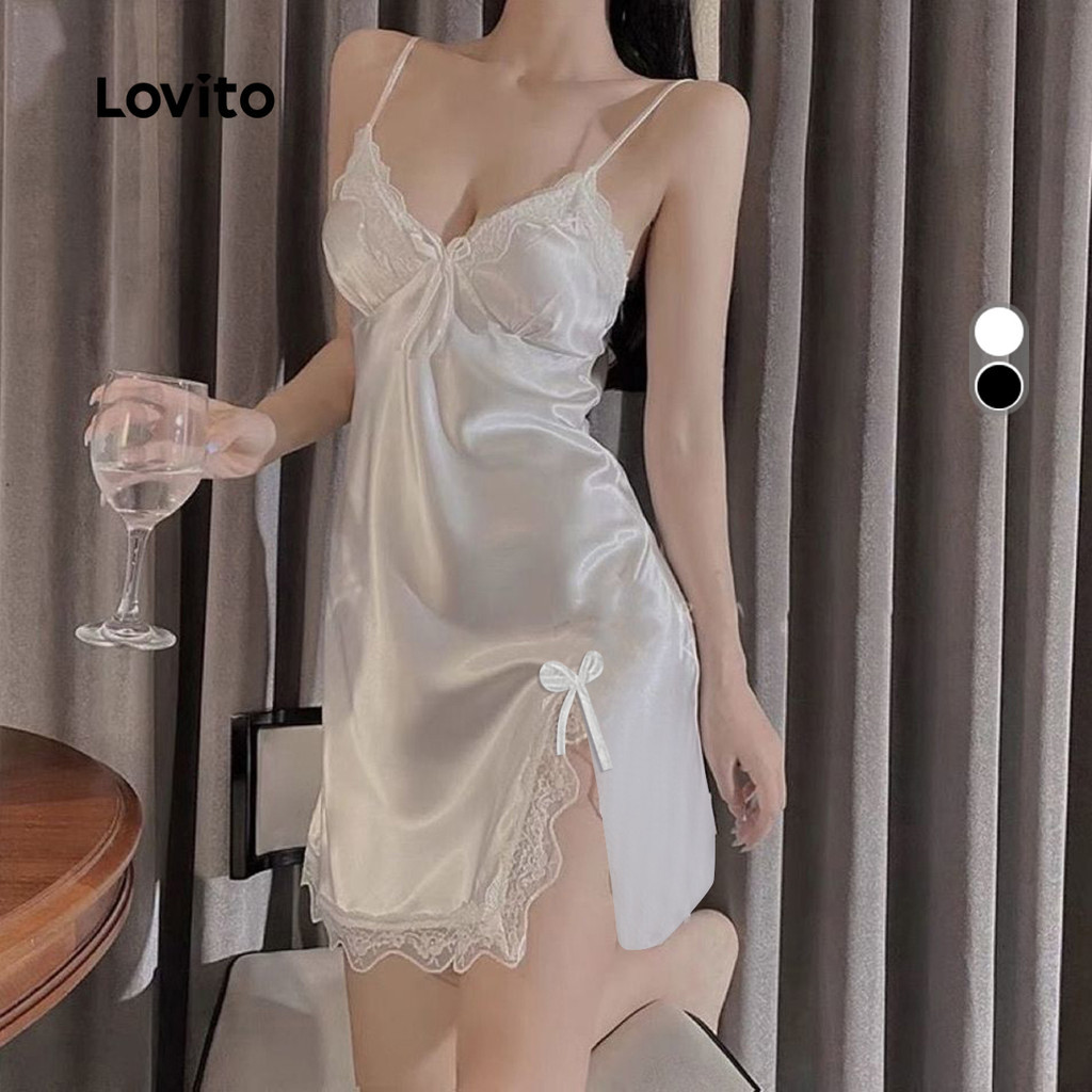 Lovito Chemise Elegante Lace Satin com Laço Vestido de Noite Sexy Cor Unica para Mulheres LNE126094 em Oferta na Shopee