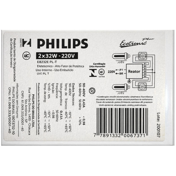 REATOR ELETRÔNICO PHILIPS ED32A26 PL-T 2X32W 220V - ORIGINAL ALTA PERFORMANCE PARA ILUMINAÇÃO PROFISSIONAL
