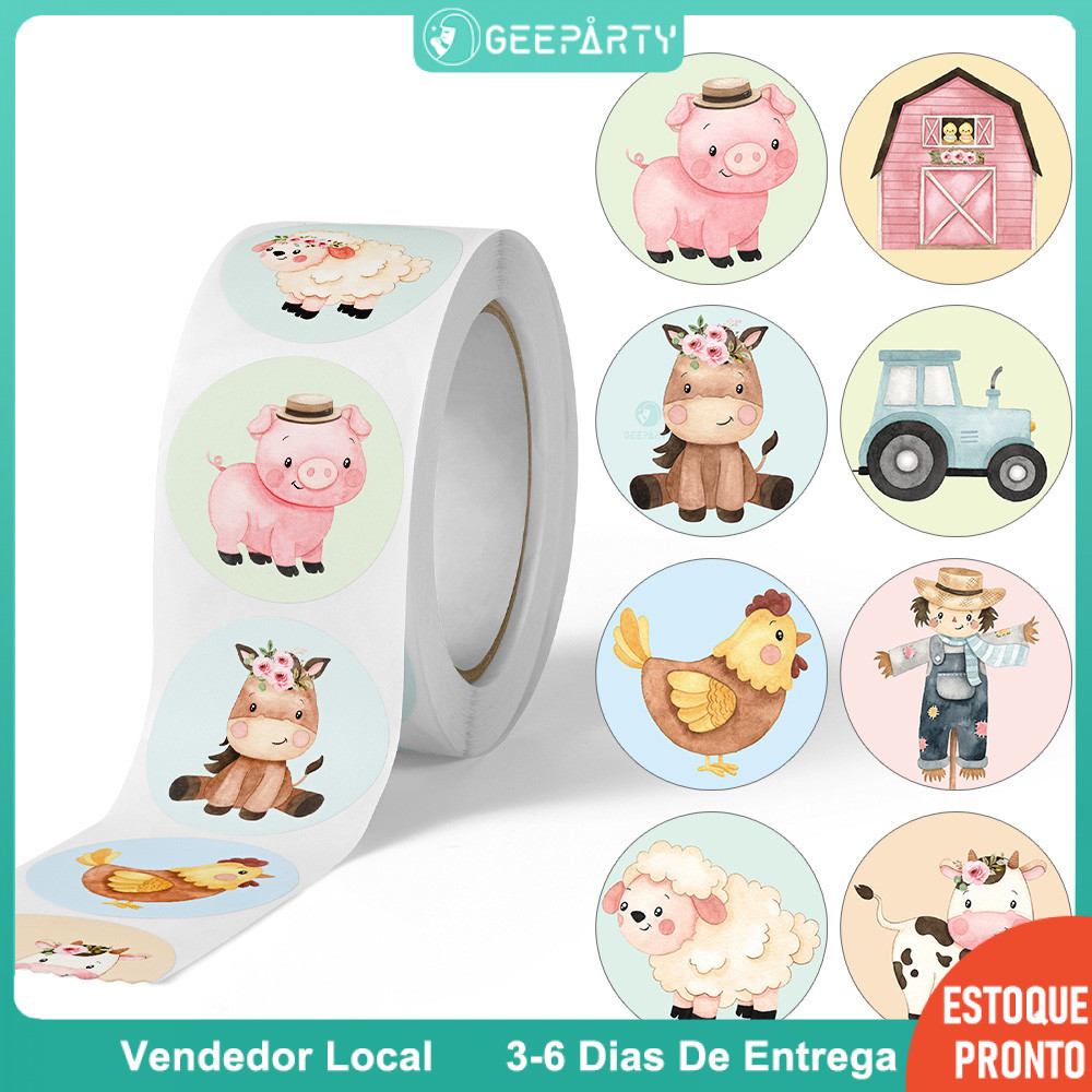 GeeParty Rolo com 500 Unidades - Adesivos 8 Estilos Animais da Fazenda para Festa
