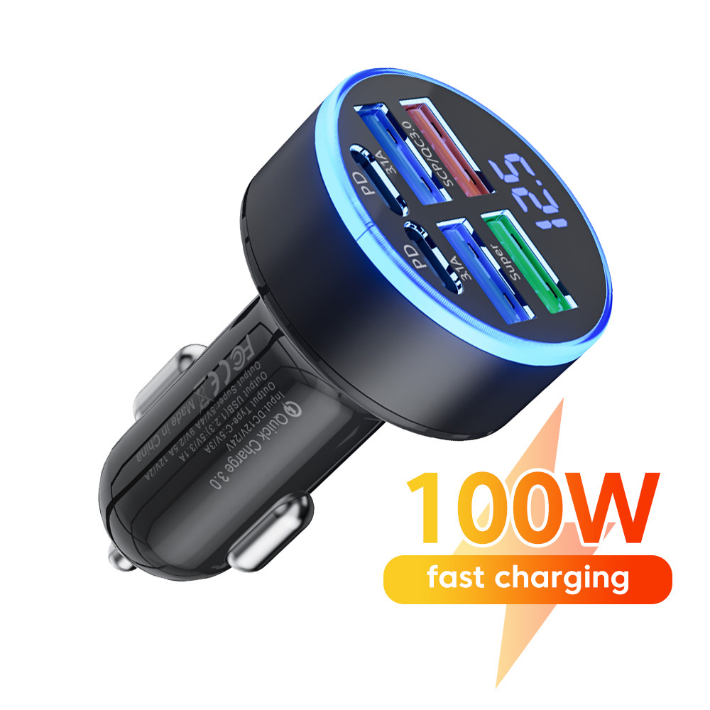 Elough 6 Em 1 USB C Adaptador De Carregamento Rápido Para Telefone De Carro 3.1A Dual PD Com Carregador Display Digital