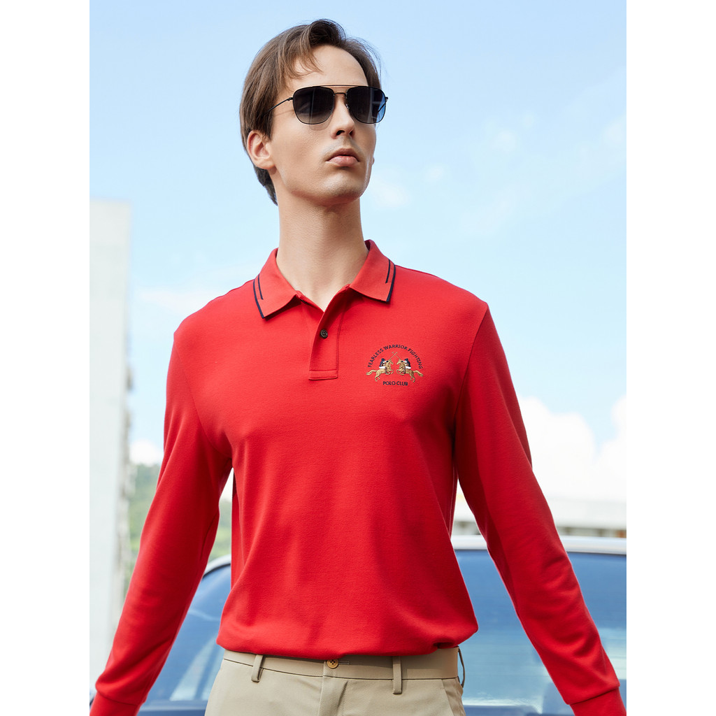 Lycra dupla face Jacquard preservado colar clássico polo bordado masculino quente manga longa polo BYF1101