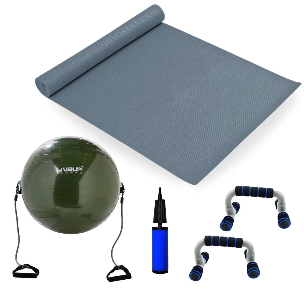Kit Bola Suiça 65cm com Extensor Elastico + Colchonete Eva + Par de Apoios de Flexão + Mini Bomba