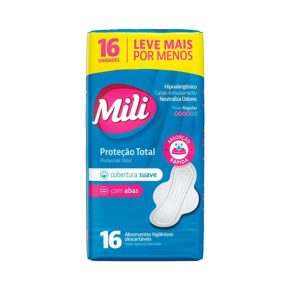 Absorvente Mili Proteção Total Cobertura Suave com Abas 16 Unidades em Oferta na Shopee