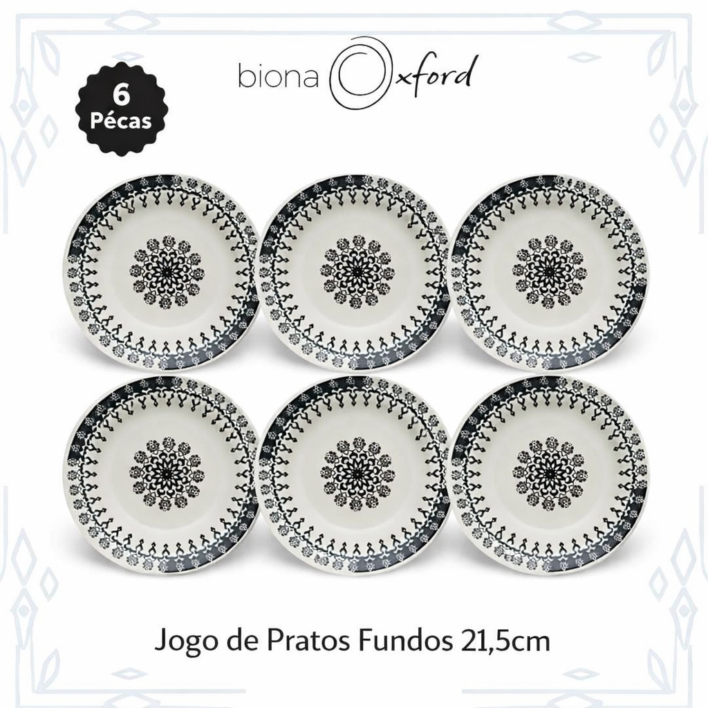 Jogo 6 Pratos Fundo 21,5cm Oxford Biona | Estampa Donna Folk (Preto)