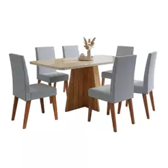Conjunto Sala de Jantar Mesa 1,60m com vidro Anjos 6 Cadeiras Linho Milano Viero