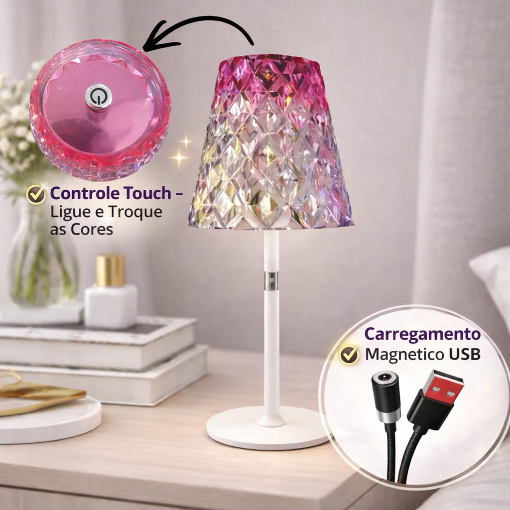 Abajur Luminária de Mesa Cristal Acrílico LED USB Recarregável 3 Cores de Luz Para Quarto, Sala, Cabeceira e Decorações.