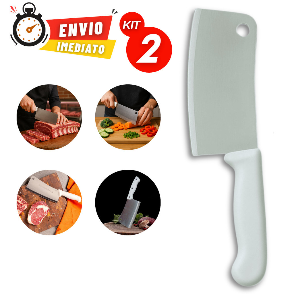 Kit Jogo 2 / 1 Faca Cutelo Machadinha inox 29cm profissional açougueiro medida 27cm Aço Inox Branco