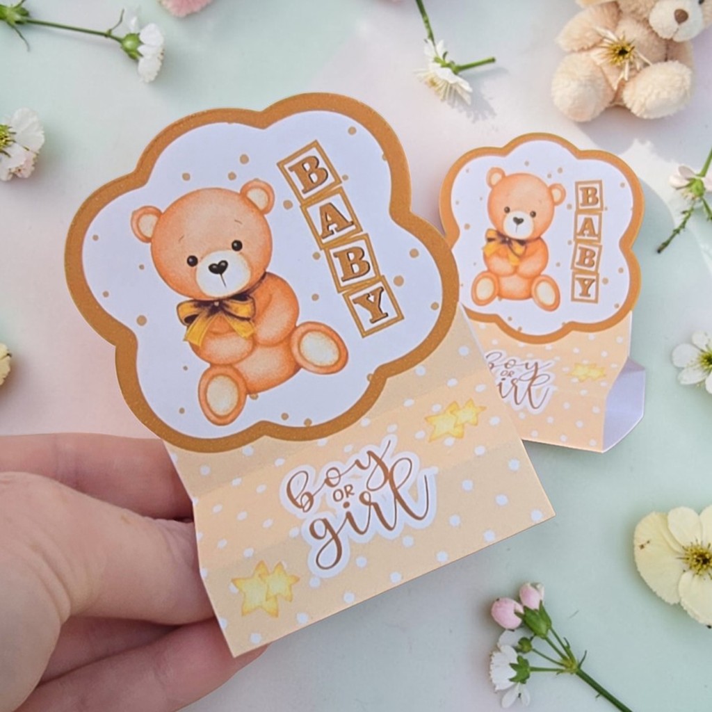 Até 40 Porta Bis duplo URSINHO DOURADO Chá Revelação Neutro - Lembrancinha de festa infantil - PEGUE E MONTE