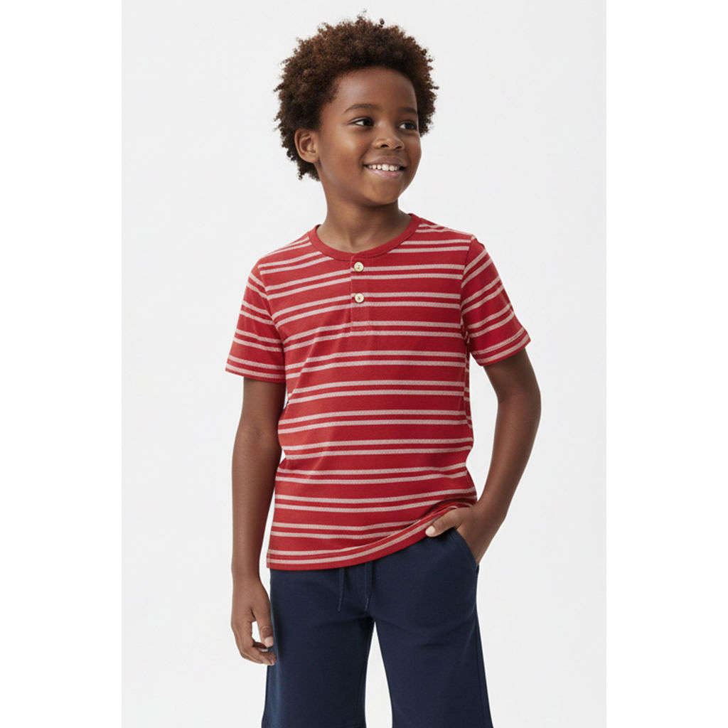 Camiseta Infantil Menino Listras e Botões Elian Vermelho