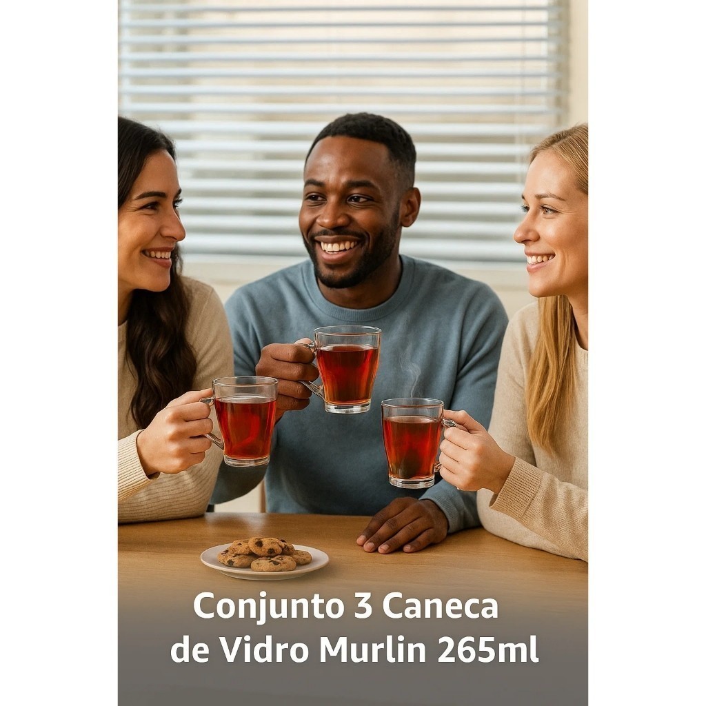 Conjunto 3 Canecas Vidro Murlin 265 ml Transparente Café Chá Cozinha Elegante Achadinhos