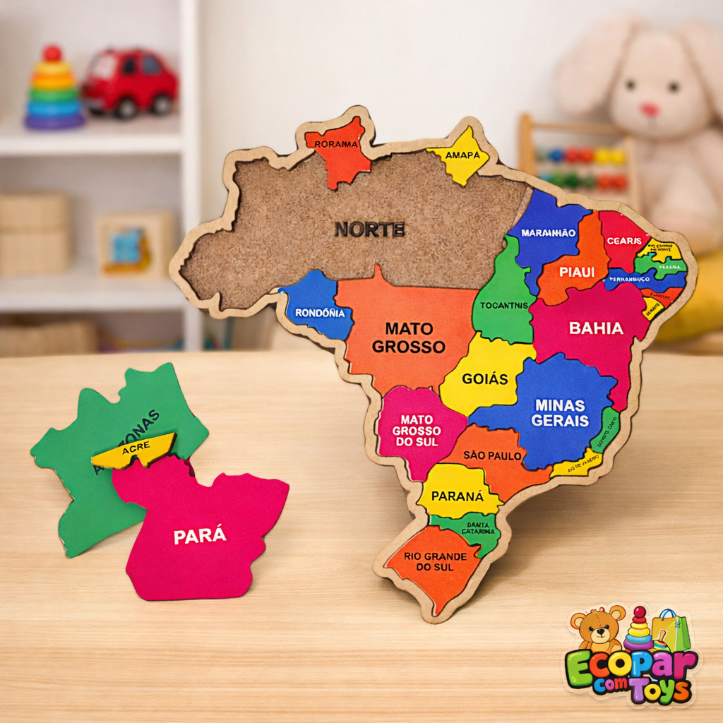 Mapa do Brasil Educativo em Madeira Quebra Cabeça Infantil Brinquedo Didático Geográfico
