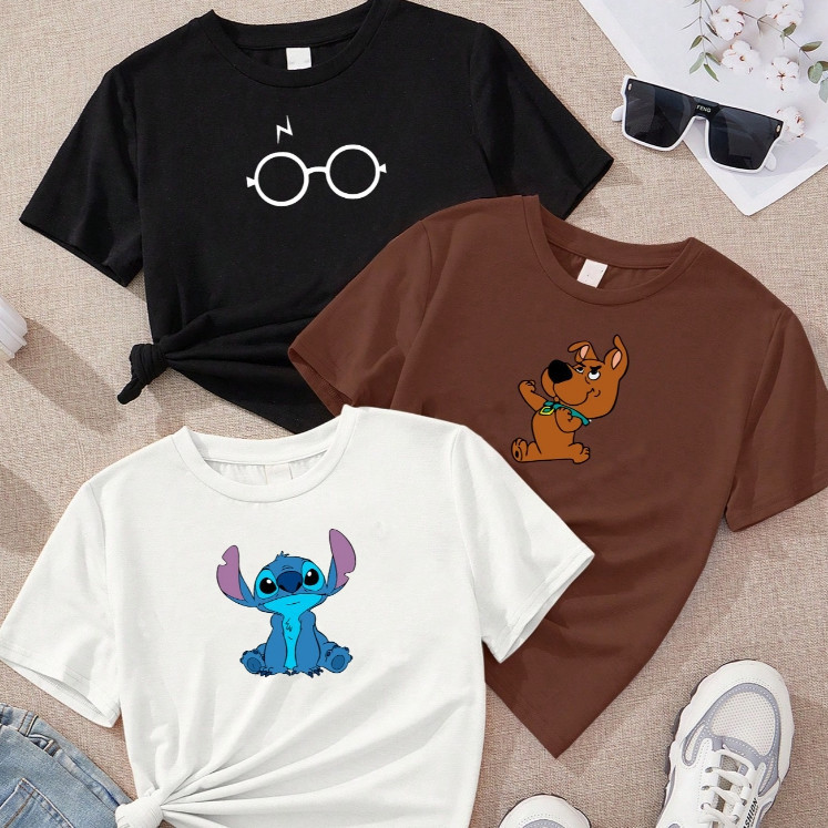 Kit 3 Camisetas Femininas | Algodão Estampadas Personagens Off White