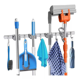 Suporte Inox De Parede  9 Ganchos Porta Vassoura Mop Rodo Utensílios de Limpeza