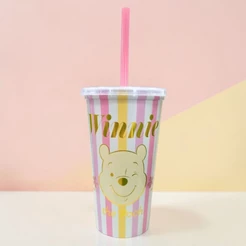 Copo de Plástico com Tampa e Canudo - Ursinho Pooh - Amarelo - 500ml - Disney Original - 1 unidade - Plasútil - Rizzo