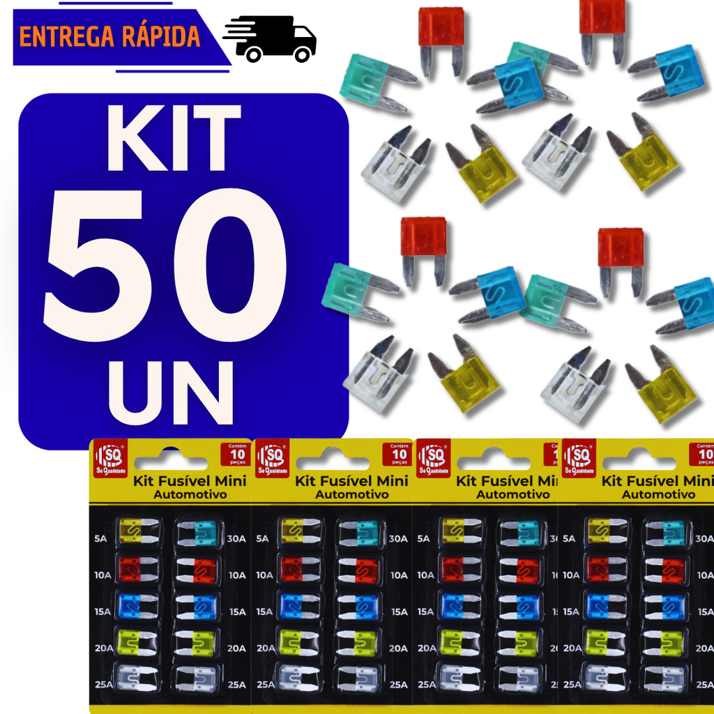 Kit Cartela 50 Fusíveis Lâmina Carro Mini Proteção Elétrica Automotiva Para Moto Carro Veículos