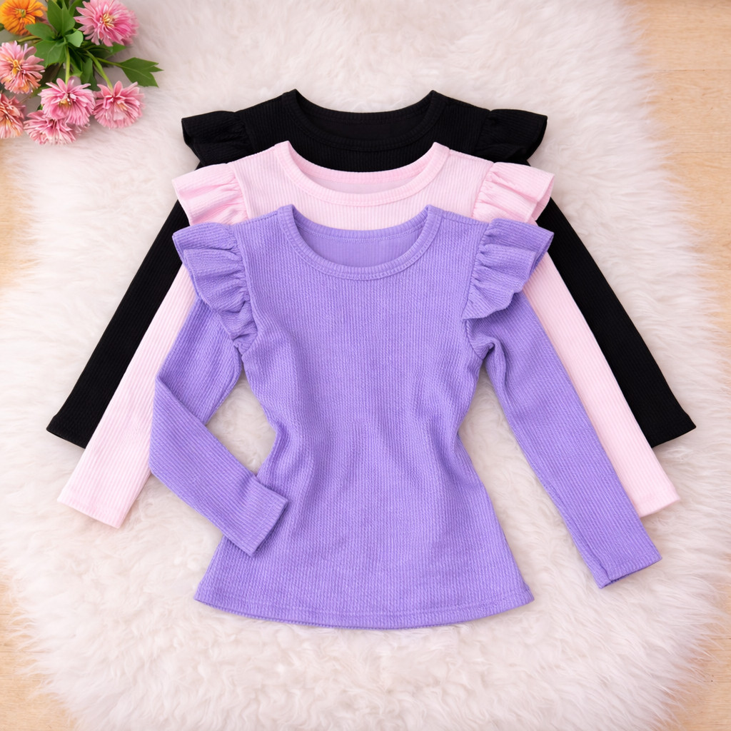 KIT 3 peças Blusa Infantil menina manga longa comprida com babado moda frio Outono Inverno