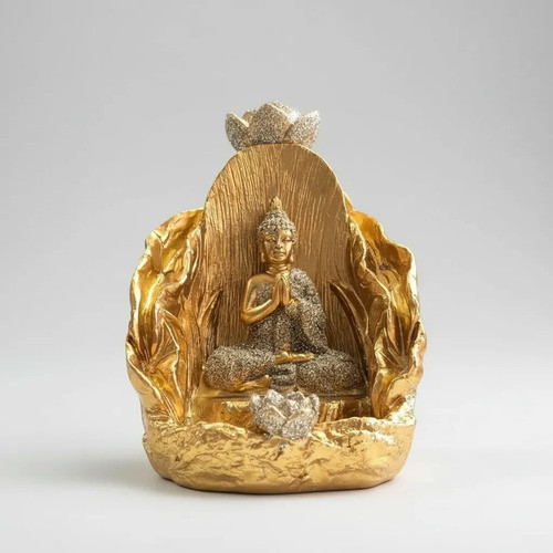 Imagem Porta Incenso Cascata Buda Dourado com Fumaça cone backflow decor zen Ganesha 12cm