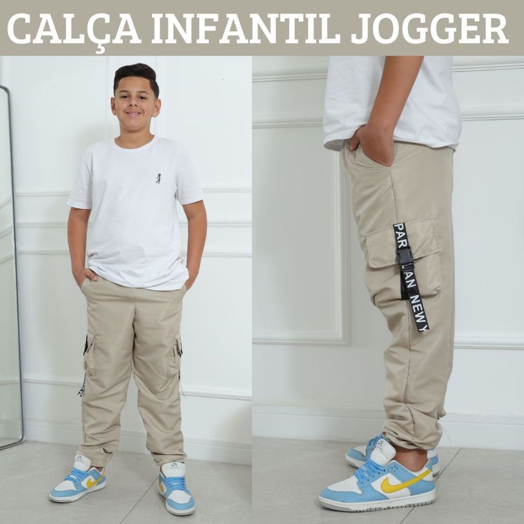 Calça Infantil Jogger Tactel 4 Cores 4 Bolsos 10 12 14 Juvenil Menino Infantil Masculino Calça Bomber Calça Cargo