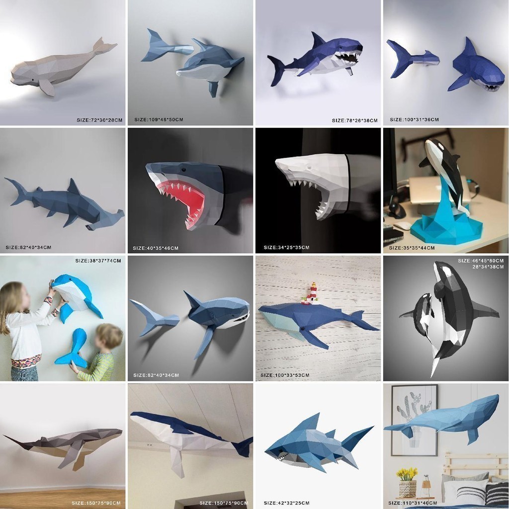 MOMO Modelo de papel tridimensional Baleia Tubarão Golfinho Série 1 Modelo de papel criativo Origami feito à mão Tridime