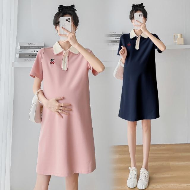 Roupa de maternidade Casual moda contraste cor gola polo vestido cereja comprimento médio redução de idade pequeno vesti