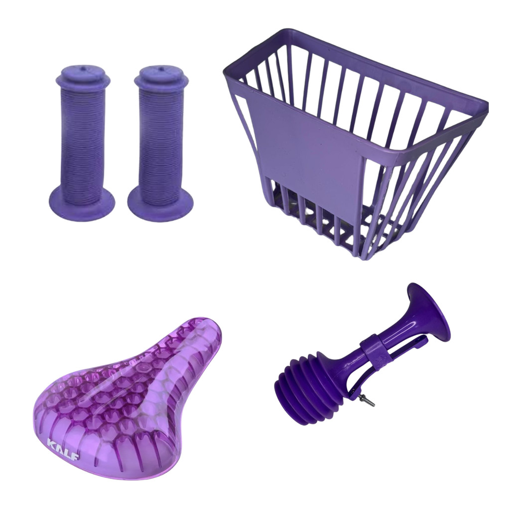 Kit  bicicleta infantil acessórios Roxo Lilás aro 12 cestinha + manopla + selim  + Buzina
