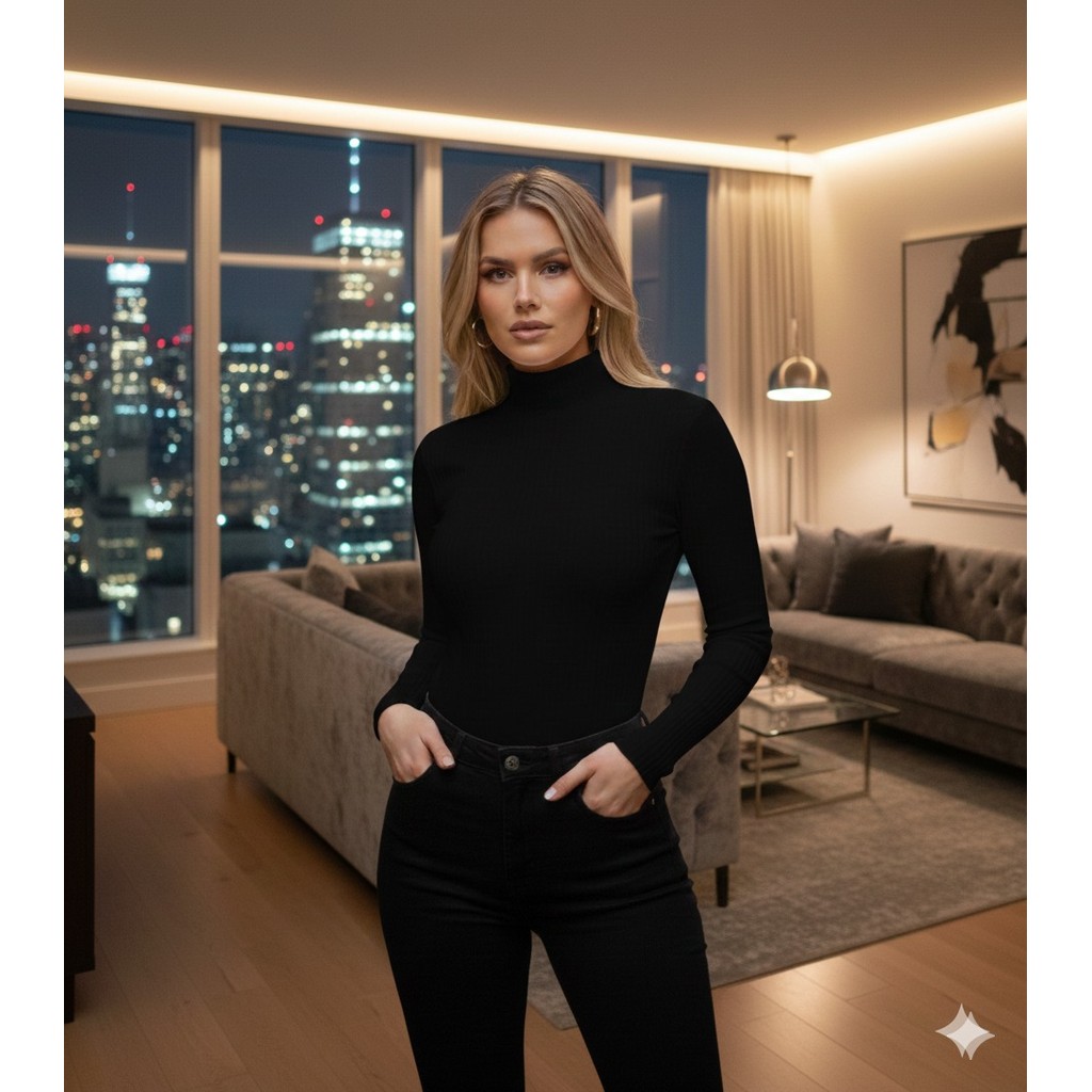 blusa feminina canelada elastano gola alta manga longa top moderna