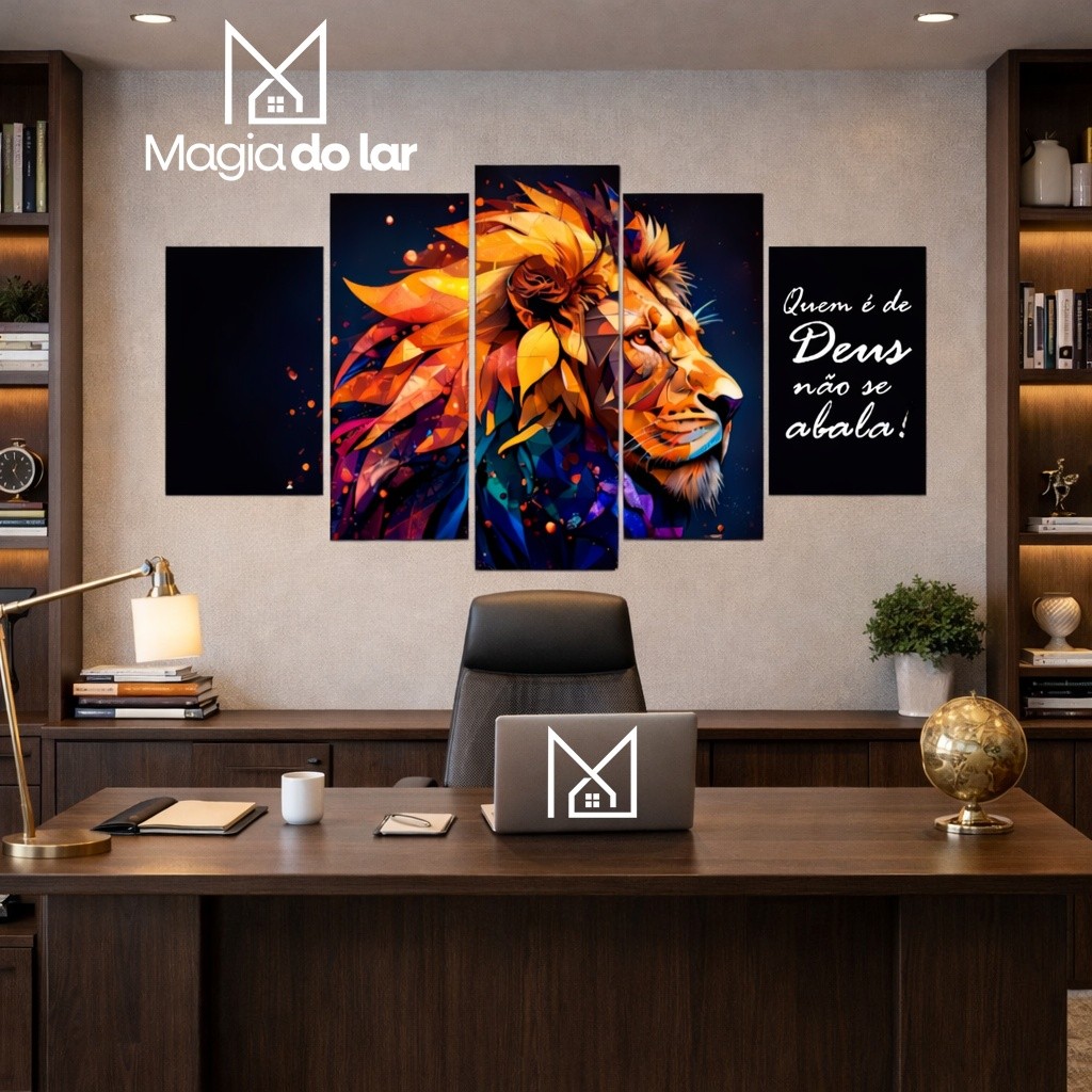 Kit 5 Peças Quadro Decorativo Leão Religioso Frase Motivacional Quem é de Deus Não se Abala Sala Quarto Parede Moderno