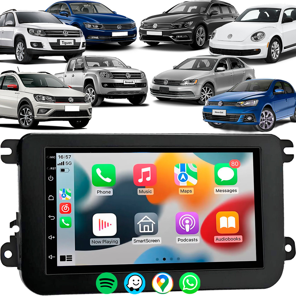 Kit Multimidia H-Tech 7 Pol Carplay Android Auto + Moldura 2 Din Jetta Amarok Gol Saveiro G7 Tiguan 2007 A 2010 Passat
